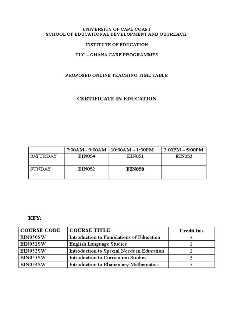 Certificate Online Teaching Timetable PDF