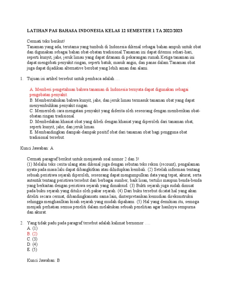 50 Soal TKA Bahasa Indonesia Kelas 12 Semester 1 dengan Jawaban