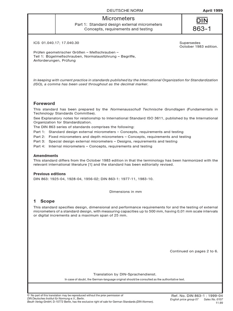 Din 863-1 - 1999 - Micrômetro | PDF | Engineering Tolerance