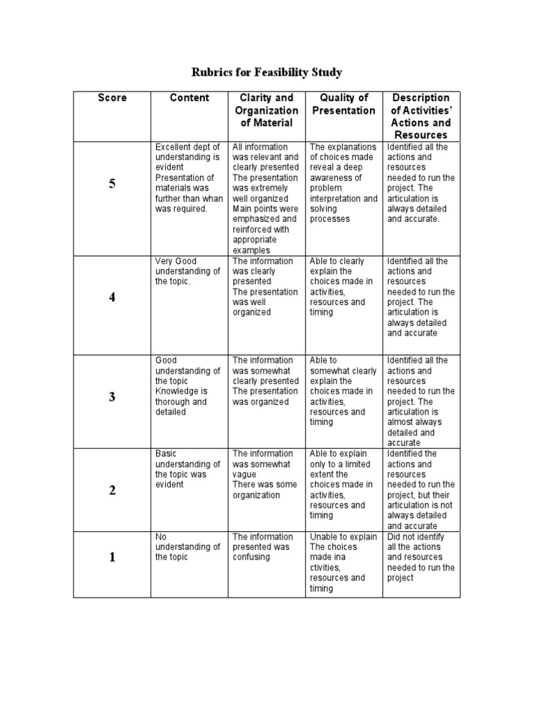 Feasibility Study Evaluation Rubric | PDF | Information | Understanding