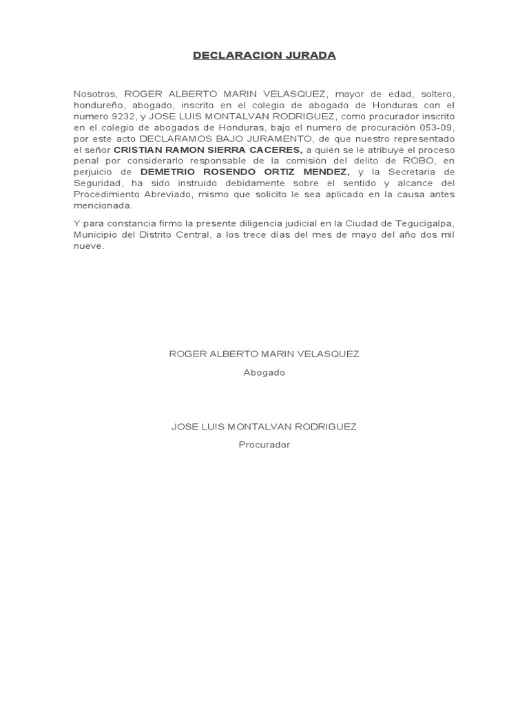 Formato de declaracion jurada materia penal honduras pdf