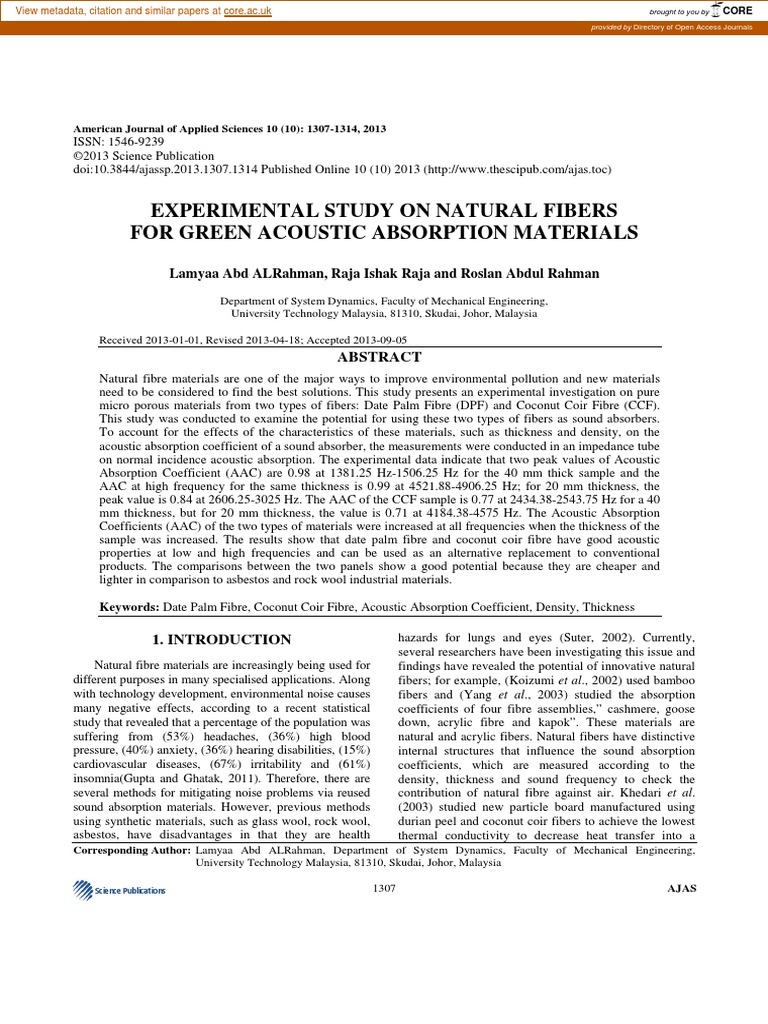 Experimental Study On Natural Fibers For Green Acoustic Absorption ...