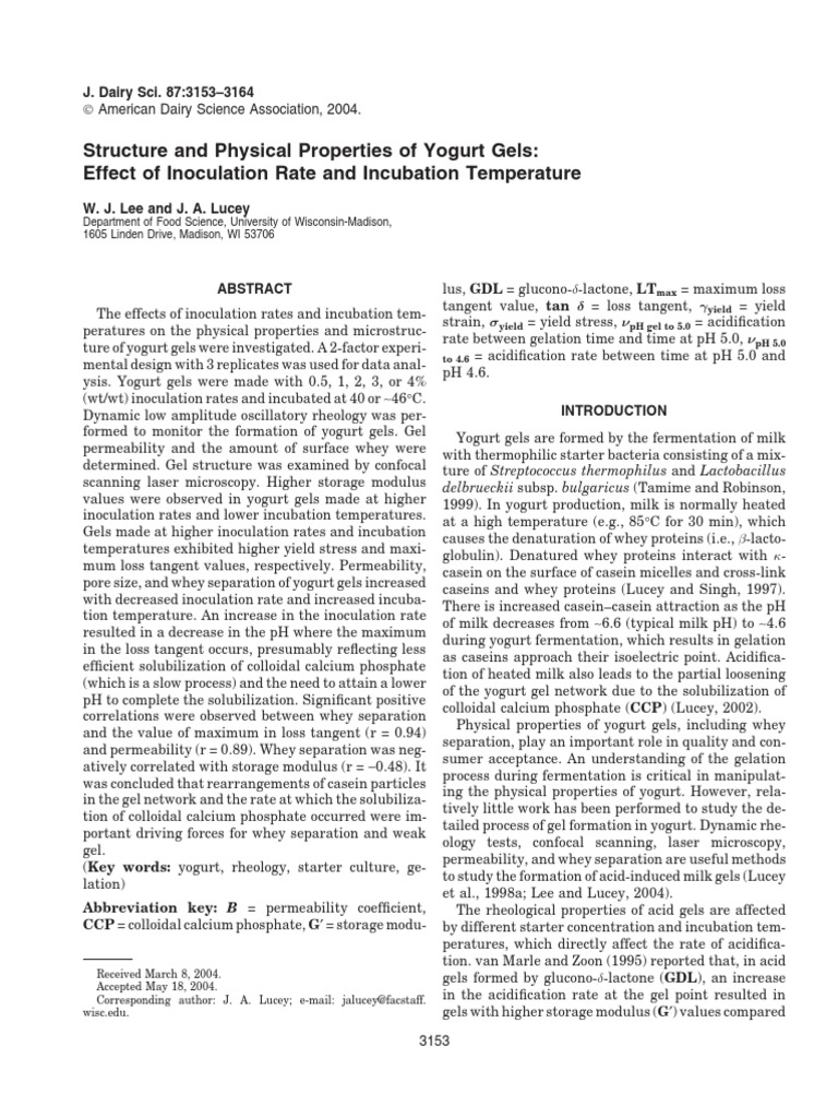 Structure and Physical Properties of Yogurt Gels PDF Milk Yogurt