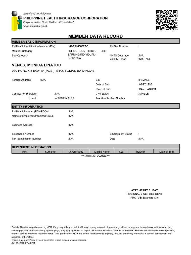 PhilHealth Member Data Record Summary | PDF | Government | Service ...