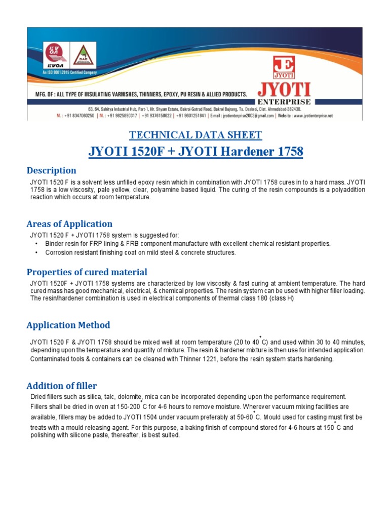 Jyoti Resin 1520F and Hardener 1758 E Potting Compound PDF Epoxy Applied And