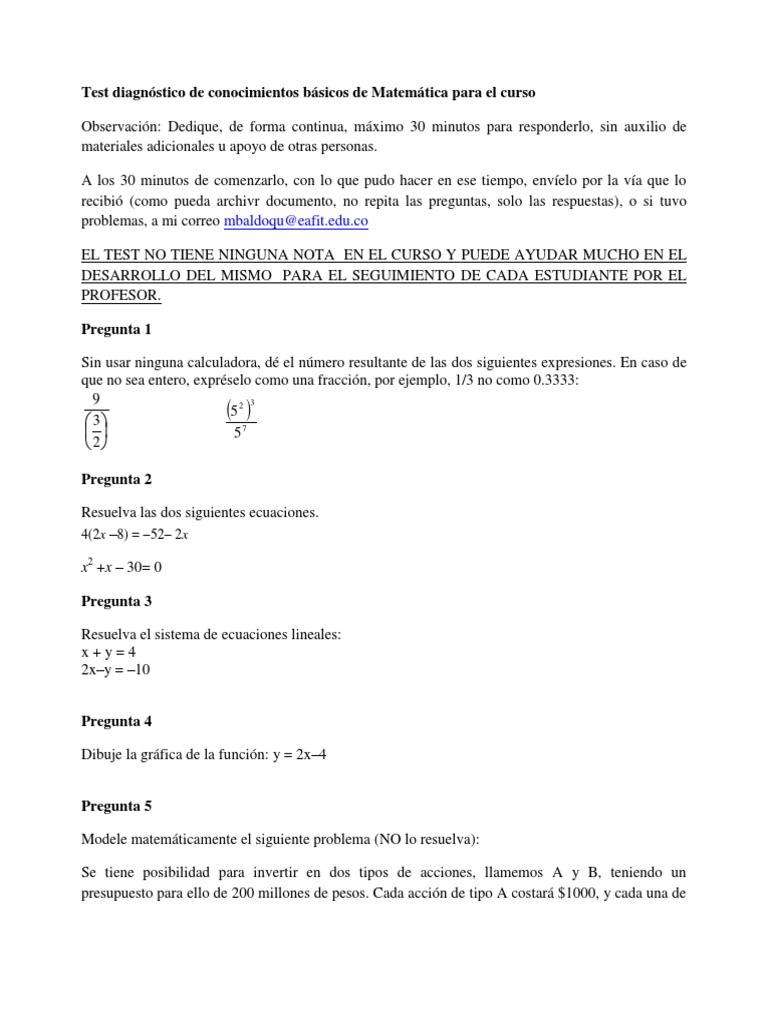 Test Diagnóstico de Conocimientos Básicos de Matemática para El Curso | PDF