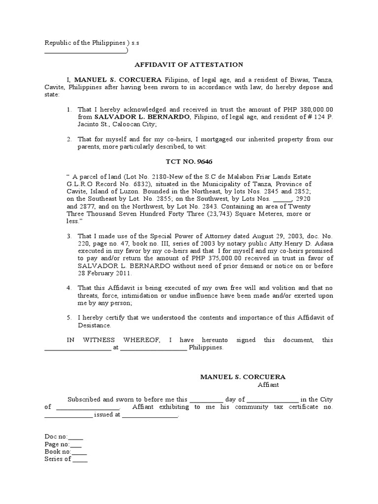 Affidavit of Attestation PDF Affidavit Civil Law Law)