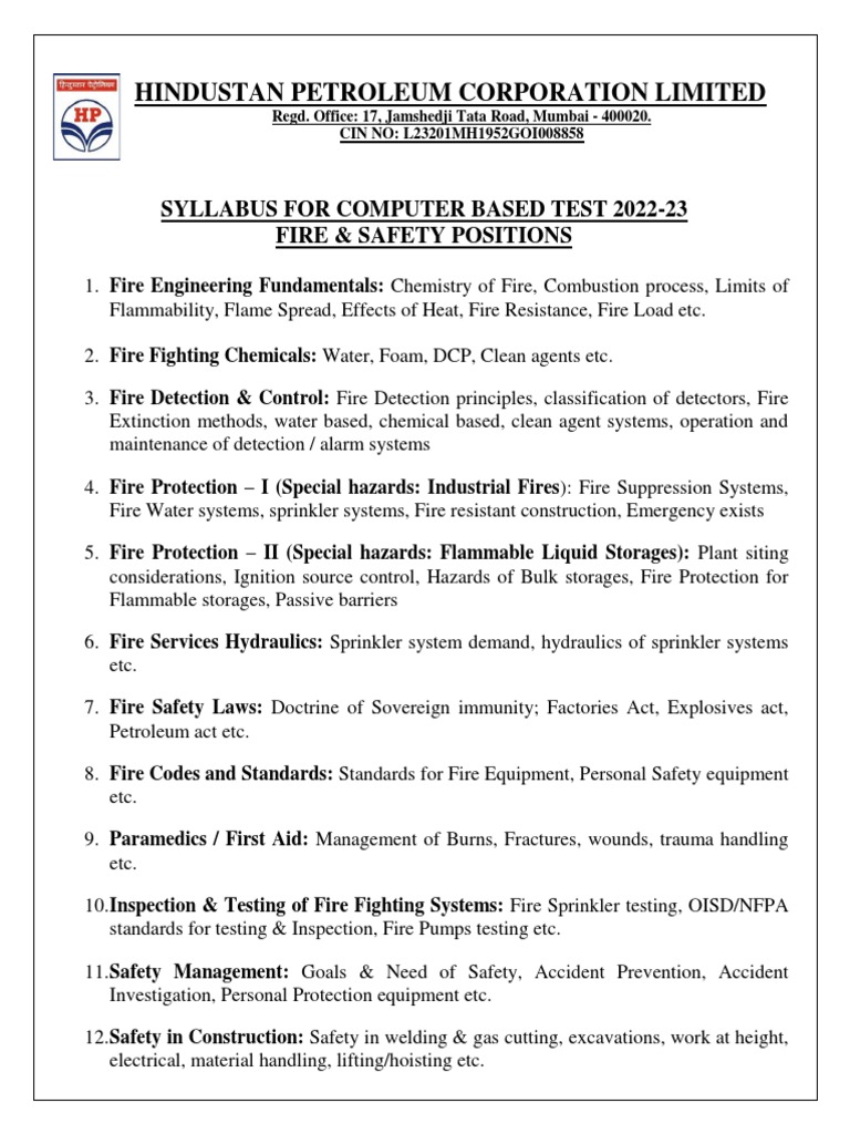 Syllabus For Fire Safety Officer 30082022 | PDF