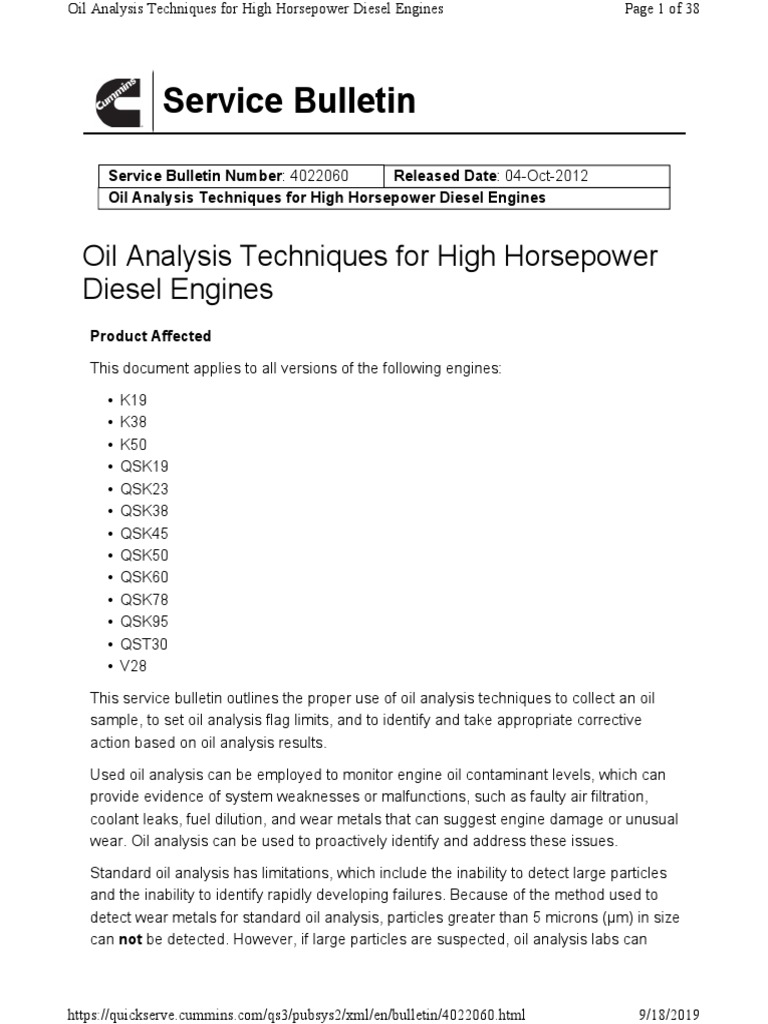 Cummins Used Oil Analysis For HHP Engines | PDF | Motor Oil | Bearing ...