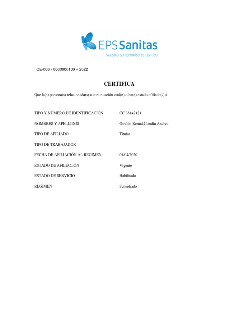 Certificado de Afiliación EPS Sanitas | PDF | Finanzas y dinero