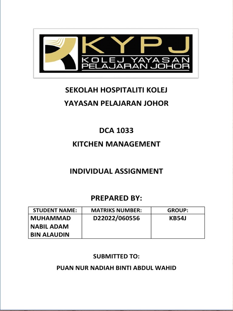 Individual Assignment Kitchen Management Pdf Foodservice Kitchen