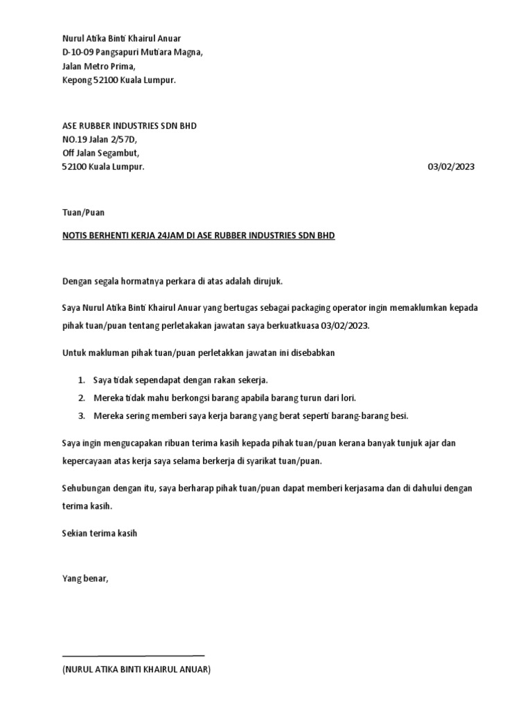 Contoh Surat Berhenti Kerja 2 Pdf