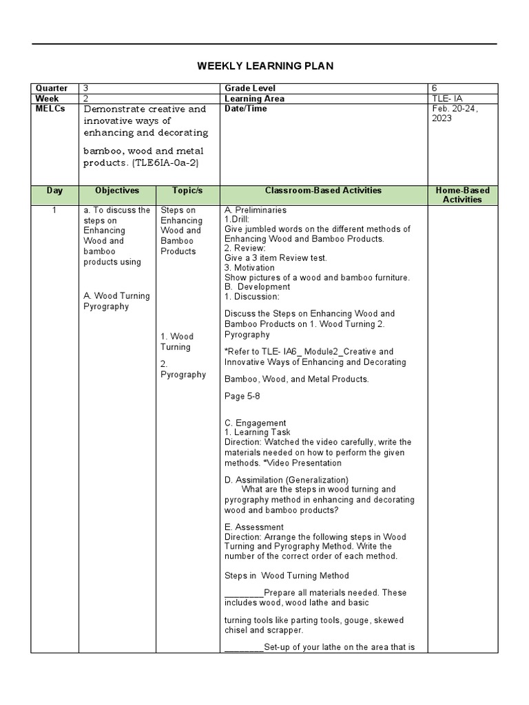 Weekly TLE Learning Plan for Grade 6 | PDF | Wood | Woodworking