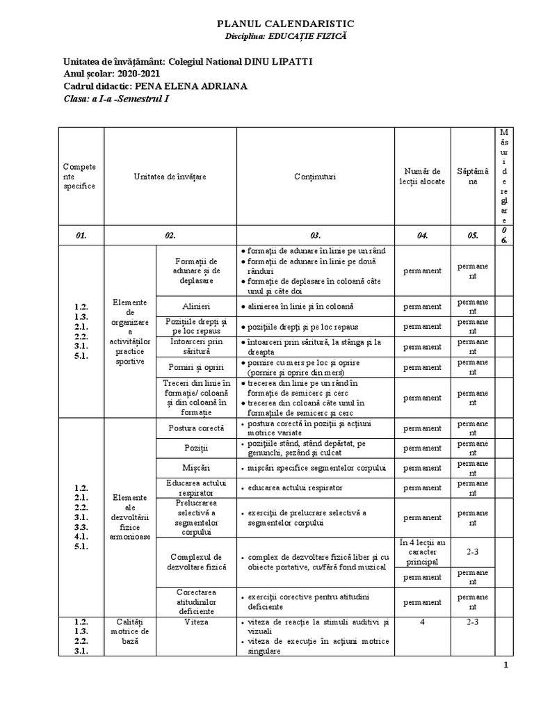 Clasa I - EFS - Planul Calendaristic Semestrial 2020-2021 | PDF