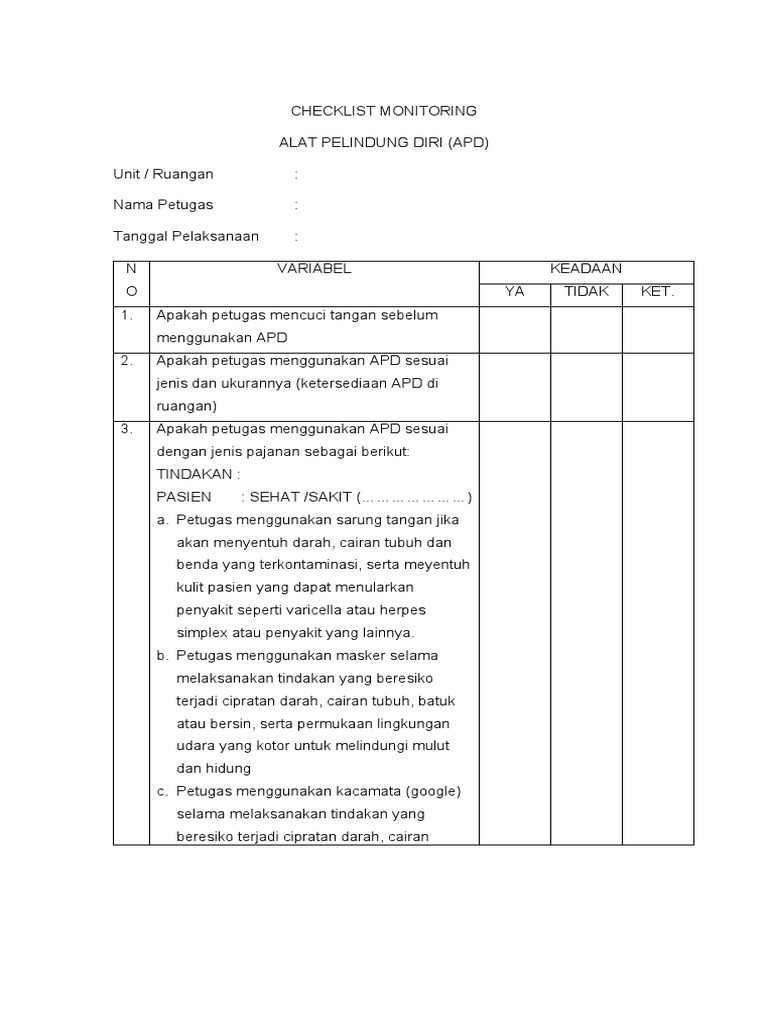 Checklist Penggunaan APD untuk Petugas | PDF