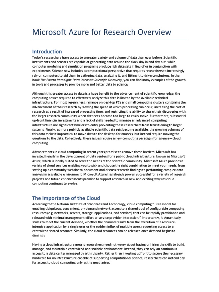 Microsoft Azure For Research Overview | PDF | Cloud Computing ...