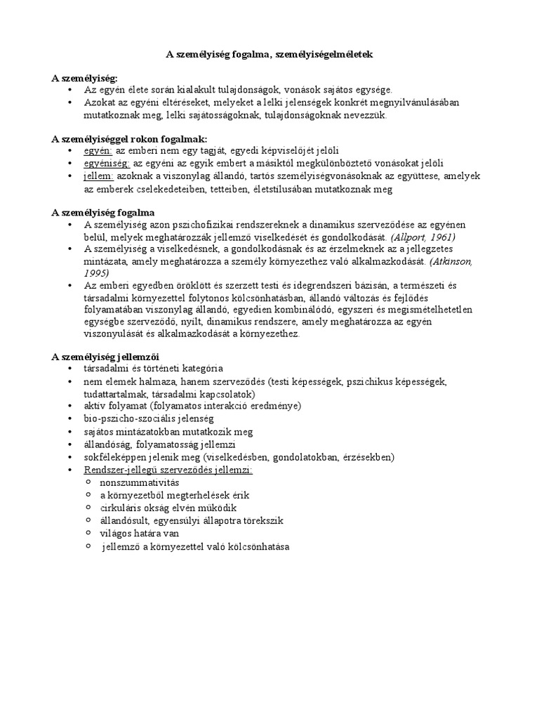 A Személyiség Fogalma Személyiségelméletek PDF