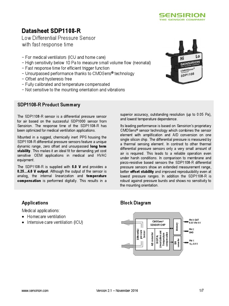 Sensirion Differential Pressure Datasheet SDP1108R PDF Pressure