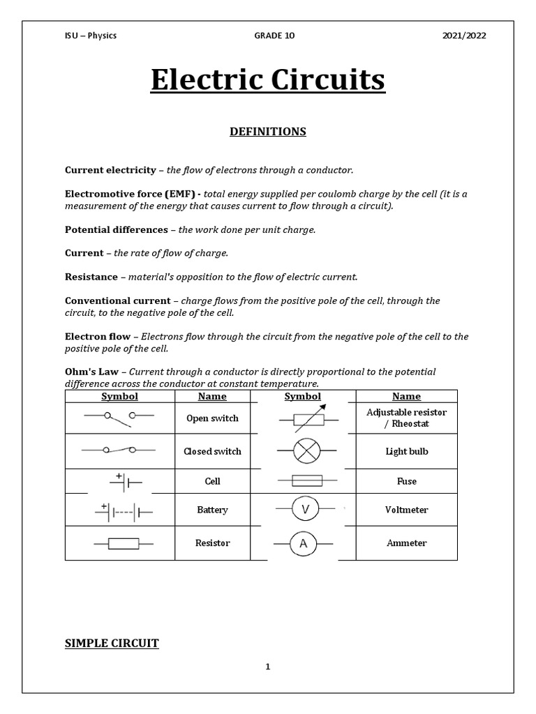 Grade 10 Electric Circuits Overview | PDF | Electric Current ...
