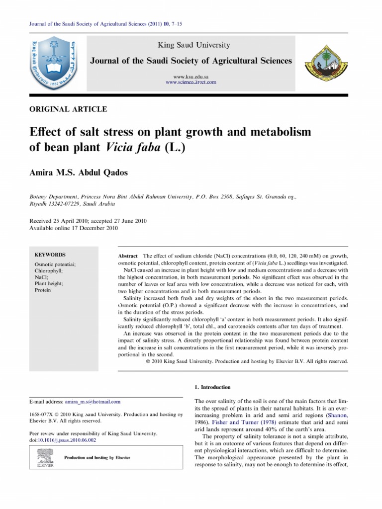 Effect of Salt Stress On Plant Growth and Metabolism of Bean Plant ...