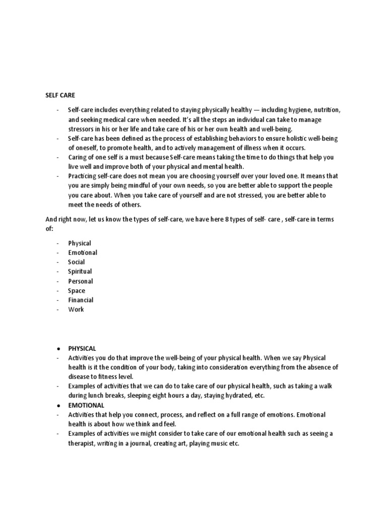 Types of Self Care | PDF | Psychological Concepts | Behavioural Sciences