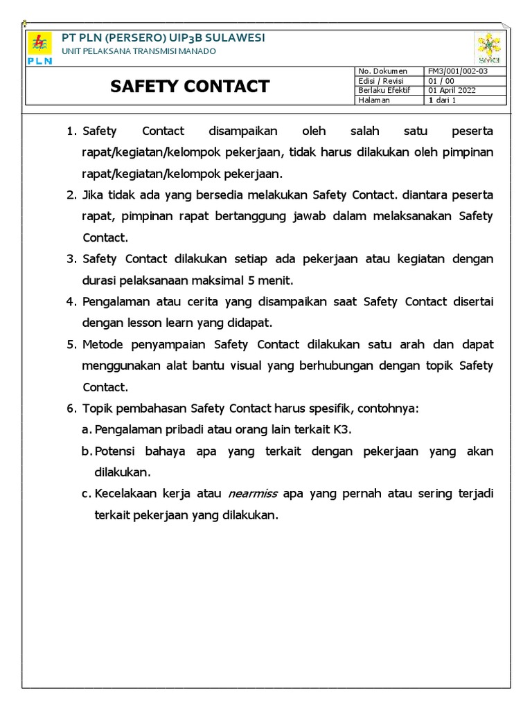 Panduan Safety Contact K3 di PLN | PDF
