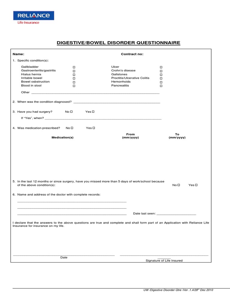 Digestive Questionnaire (Medical) | PDF | Gastrointestinal Tract ...