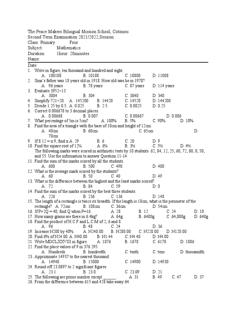 Primary 4 Mathematics Exam 2021/2022 | PDF | Elementary Mathematics ...