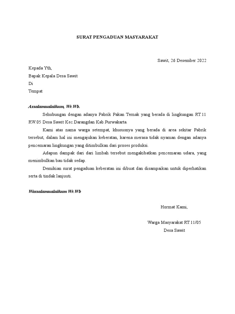 Surat Pengaduan Pencemaran Lingkungan | PDF