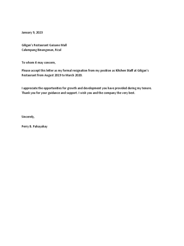 Formal Resignation Letter from Perry B. Pahayahay as Kitchen Staff at