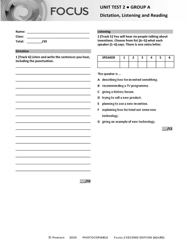Focus2 2E Unit Test Dictation Listening Reading Unit2 GroupA | PDF ...