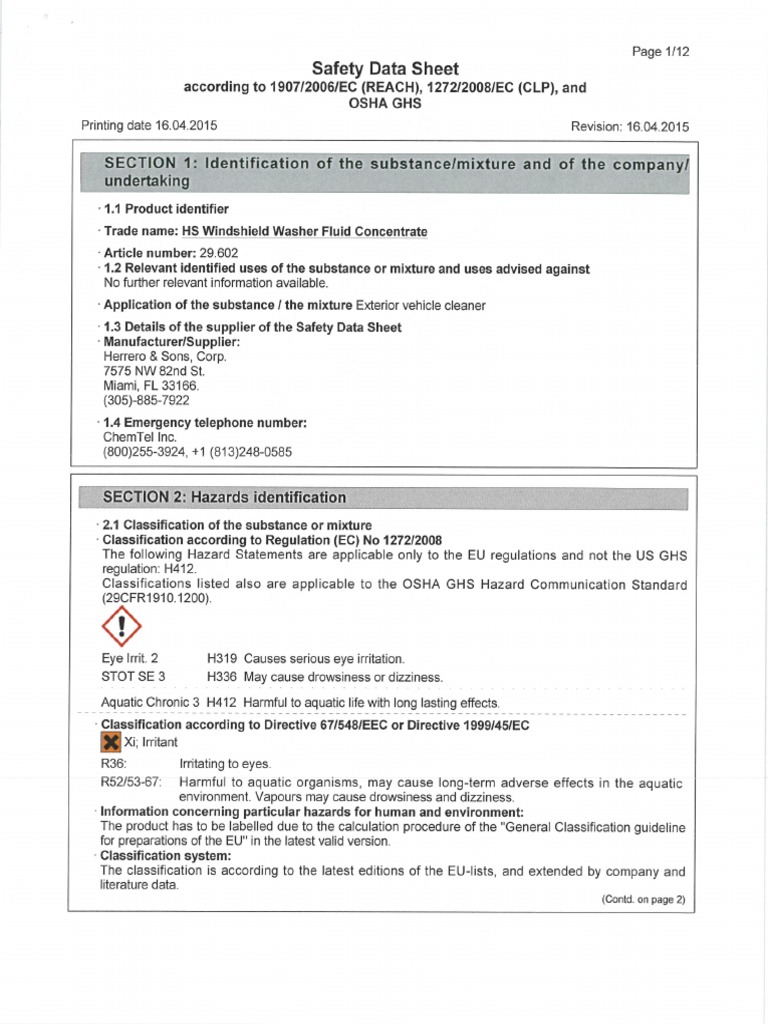 MSDS 29.602 Windshield Washer Concentrate PDF