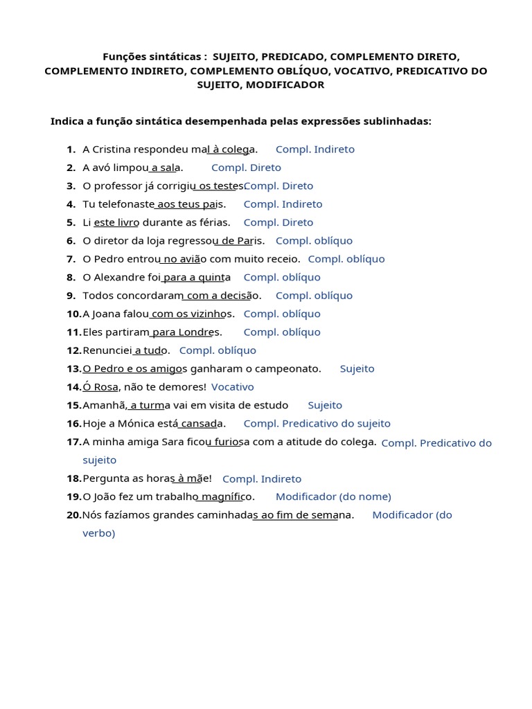 Ficha Portugues 6 Ano Gramatica Funcoes Sintaticas Solucoes | PDF