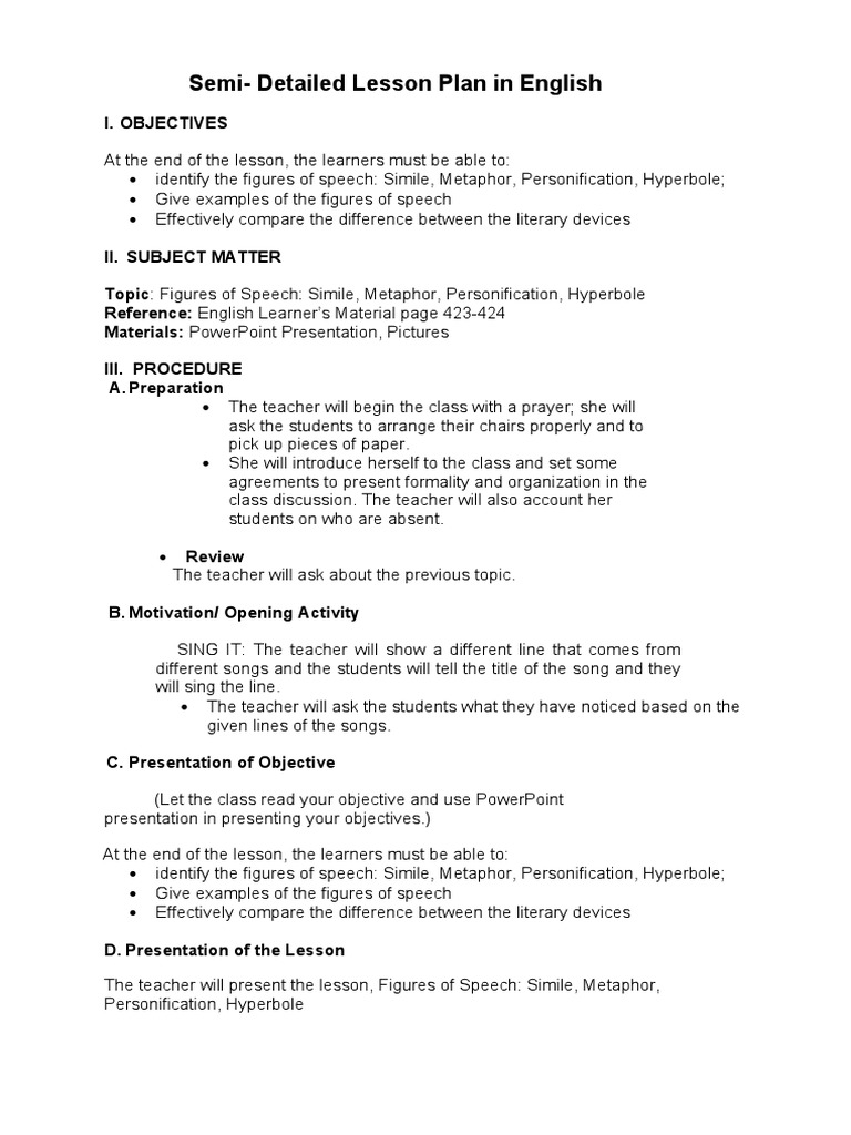Semi Detailed Lesson Plan Figure of Speech | Download Free PDF ...