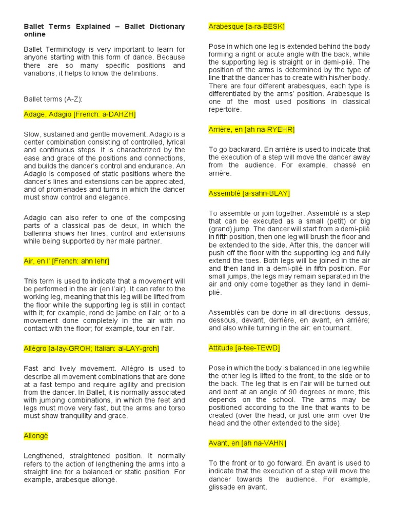 Ballet Terms Explained Pdf Entertainment Ballet