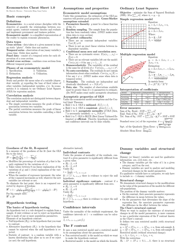 Econometrics Cheat Sheet Overview | PDF