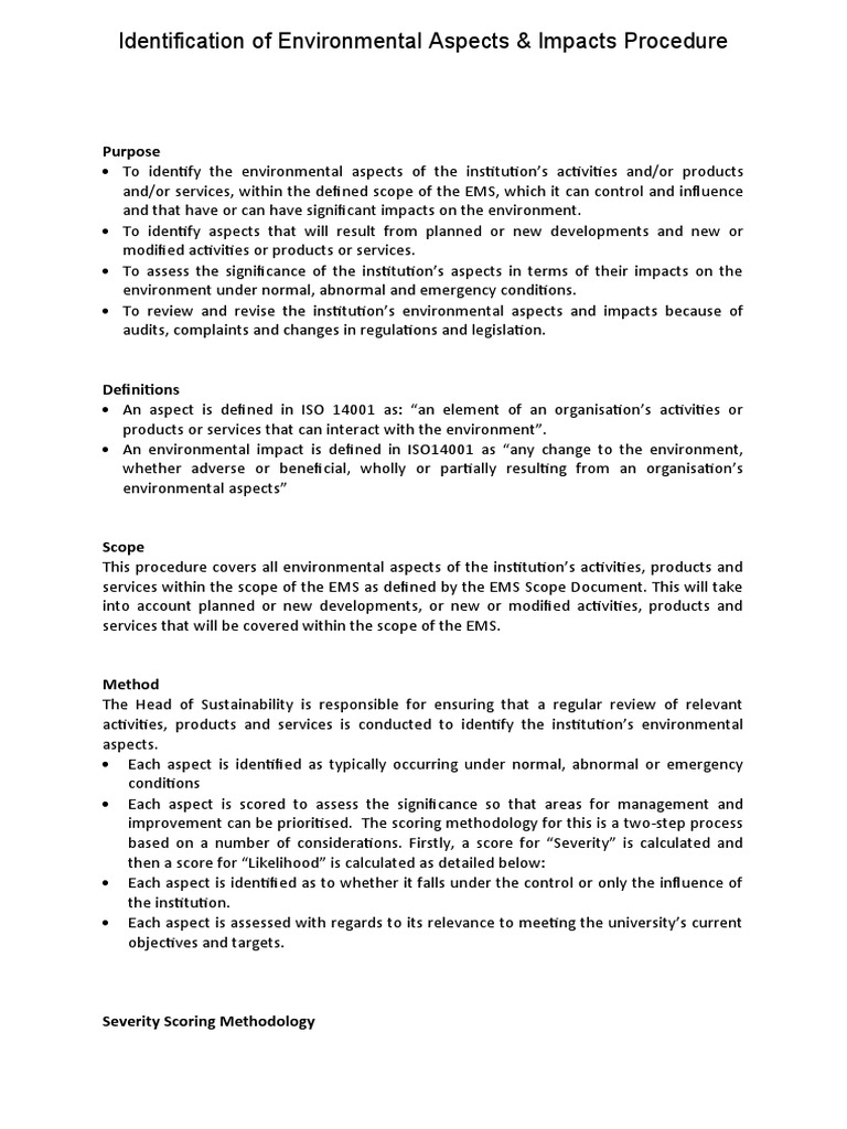 Environmental Aspects & Impacts Procedure | PDF | Natural Environment ...