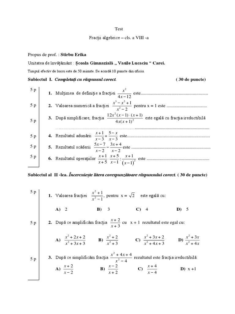 Fractii Algebrice - Cls VIII - Test Formativ | PDF