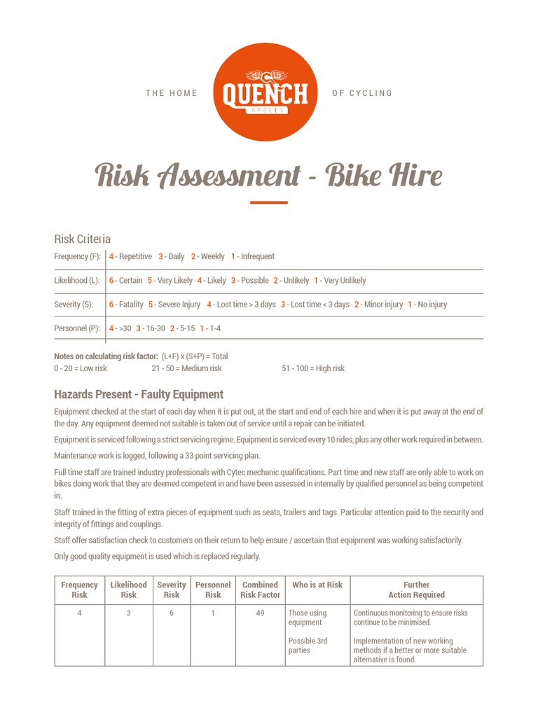 Quench Cycles Risk Assessment Bike Hire | Download Free PDF | Risk ...