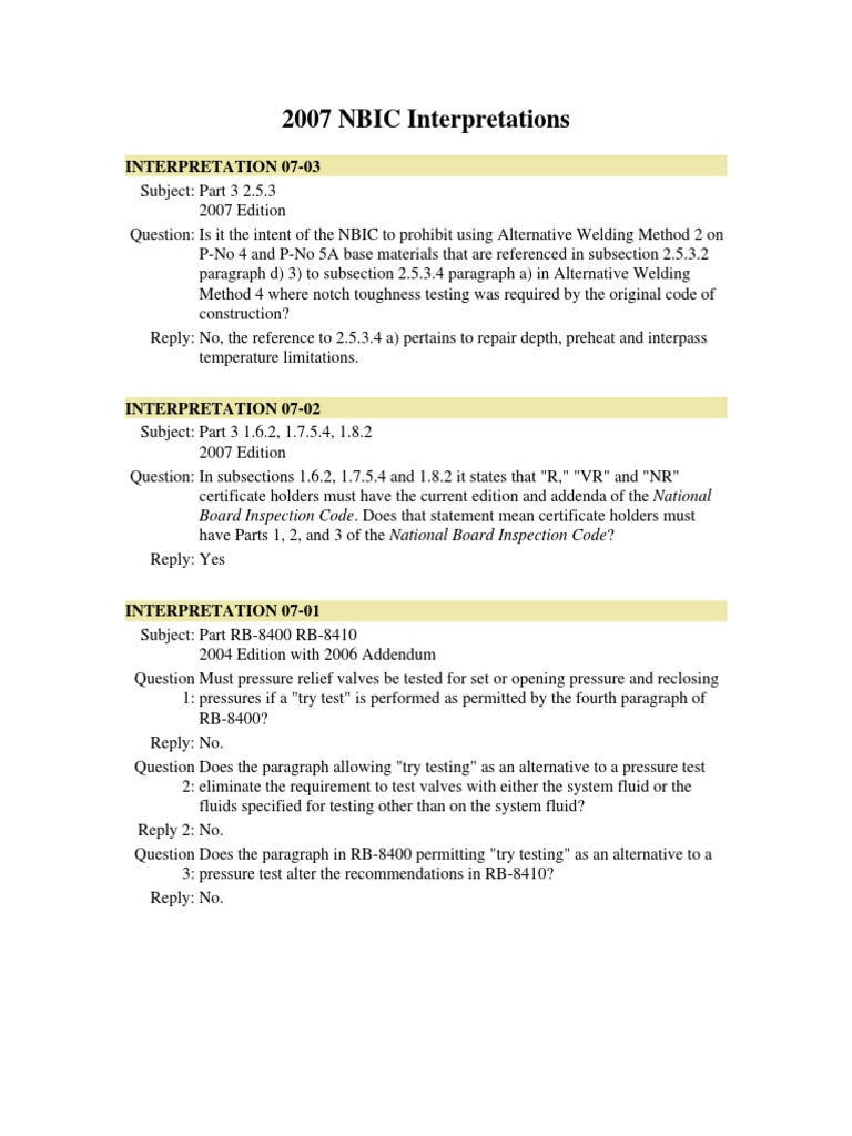 2007 NBIC Interpretations Summary | PDF