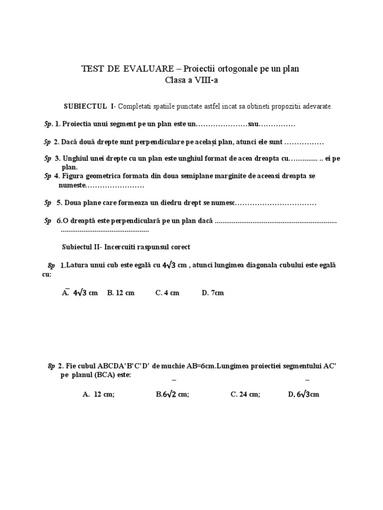 Proiectii Ortogonale Pe Un Plan - Cls VIII - Test | PDF
