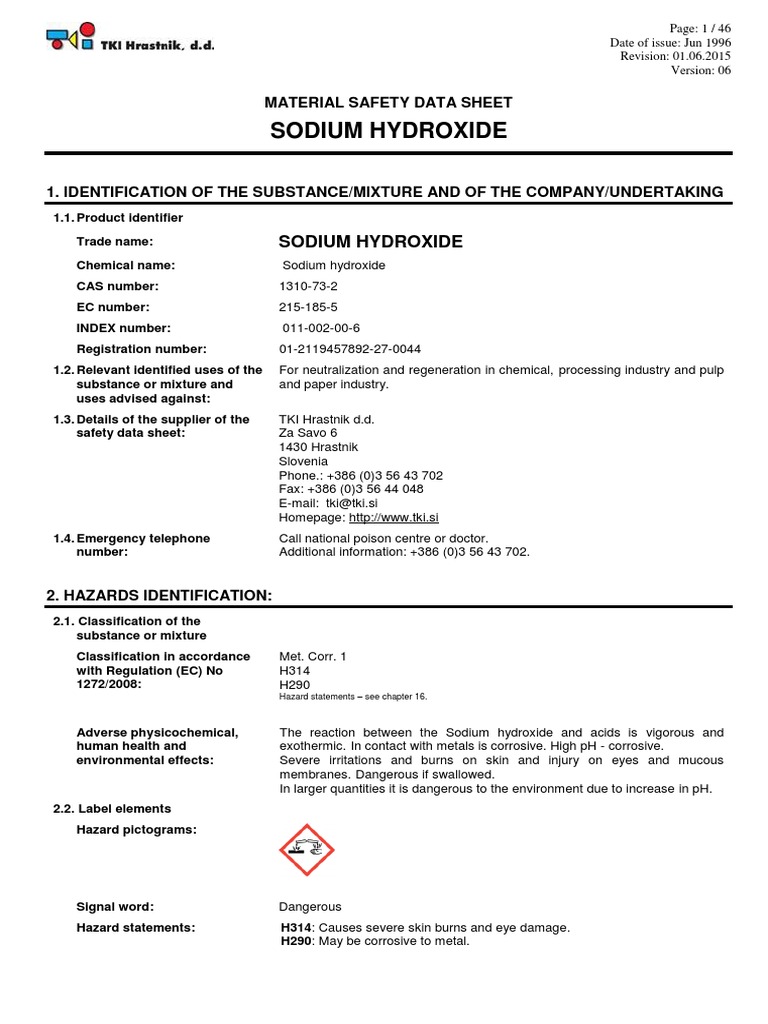 Sodium Hydroxide, MSDS, Ver. 6, June 2015 PDF Sodium Hydroxide
