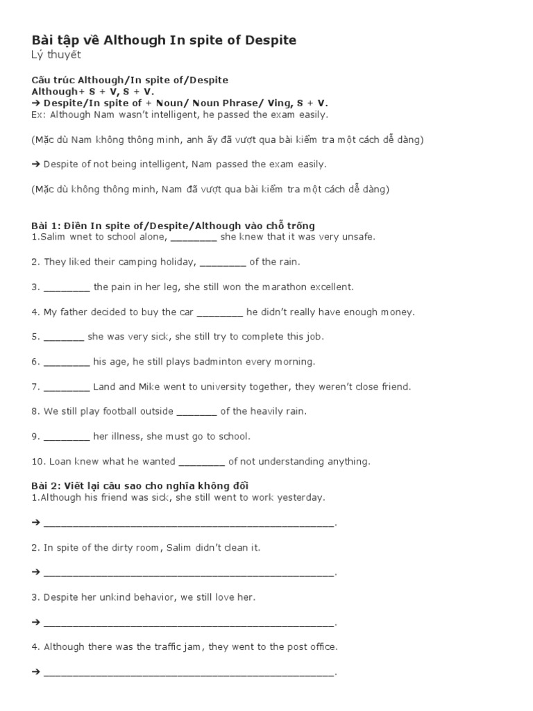Exercises on Although, Despite, In Spite Of | PDF