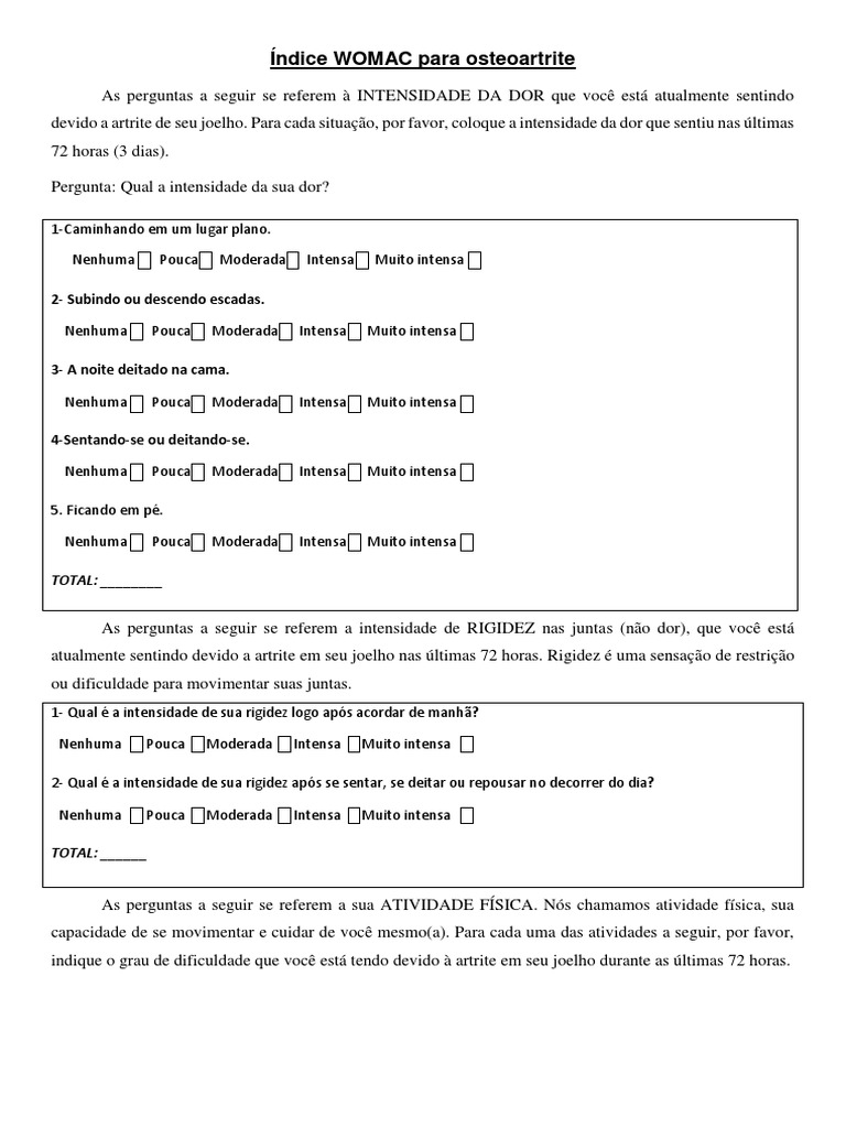 Questionário WOMAC para Osteoartrite | PDF | Osteoartrite | Dor
