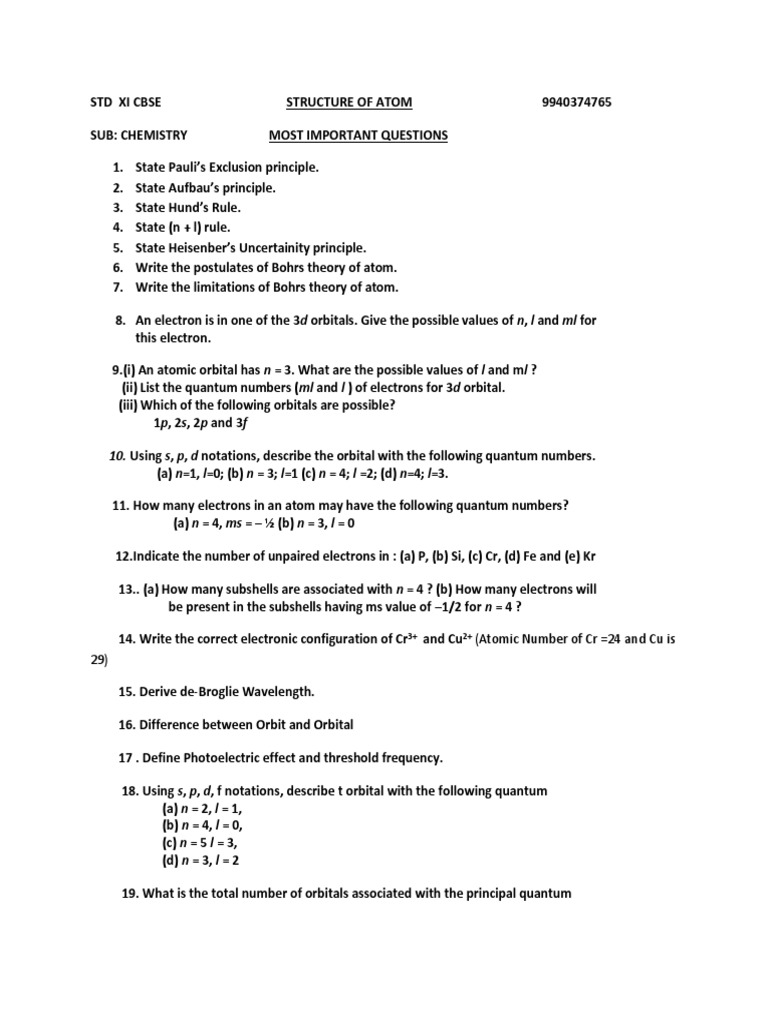 Key Questions on the Structure of the Atom and Quantum Numbers for ...