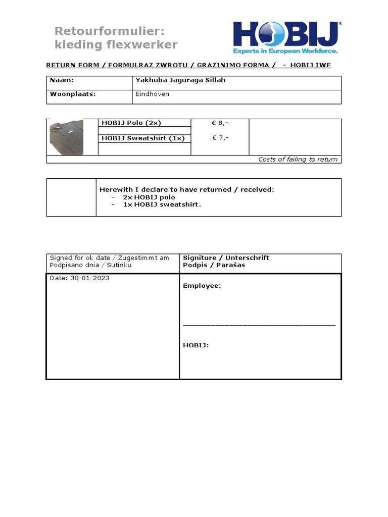 Retour Form Kleding 30 01 23 | PDF