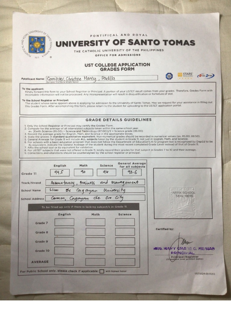 Ust Grades Form | PDF