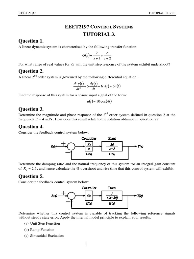EEET2197 Tute3 PDF Control Theory Electrical Engineering