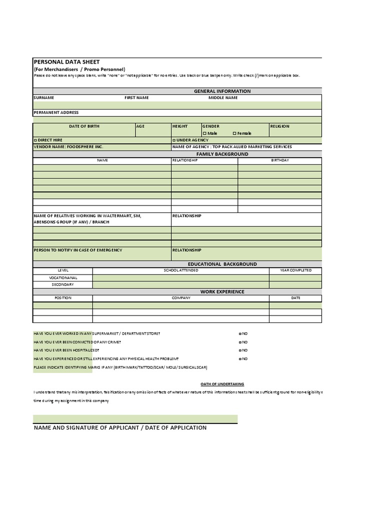 EXCEL Personal Data Sheet 2 | PDF