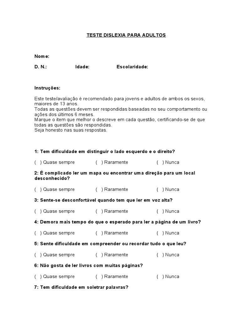 9 Teste Dislexia para Adultos | PDF